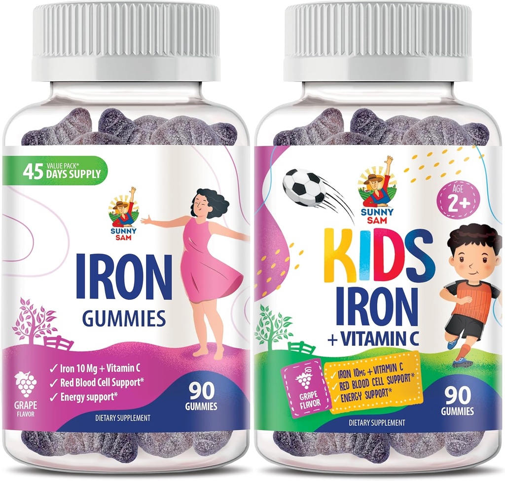 SUNNY SAM Gumies de fier pentru copii și adulți - Vitamine de fier cu vitamina C, 10 mg per servire - Gummy de fructe masticabile de fier pentru suport imunitar de producție de celule roșii din sânge