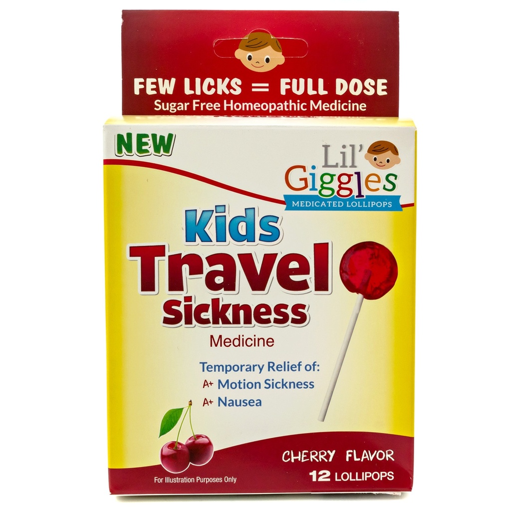 Lil' Giggles Kids Mededed Lollipops - dulce ușurare blândă pentru copii și non-drowsy - pentru boala de mașină, Greață de călătorie și ajutor de boală mișcare - Homeopatic Remediul dragostei pentru copii - Aroma de cireșe 12 CT