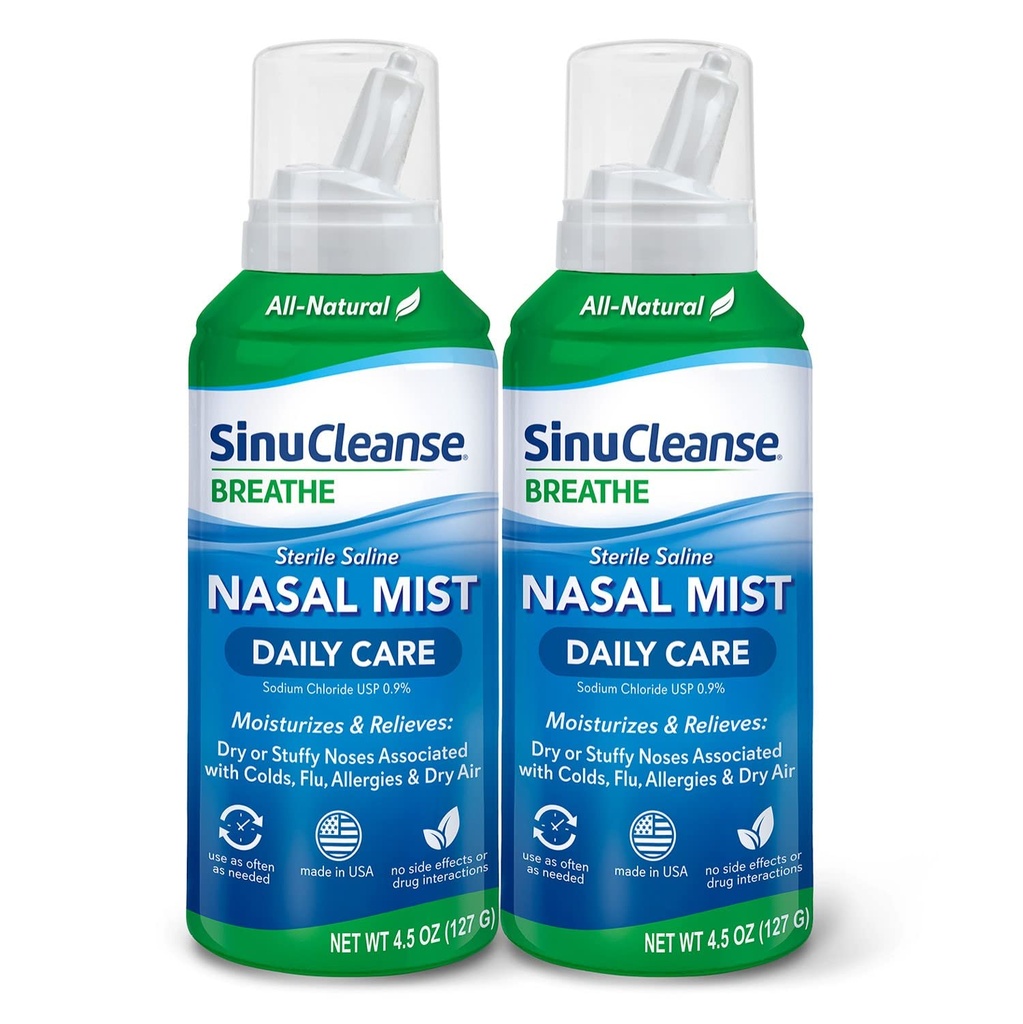 SinuCleanse Daily Care Steril Saline Nasal Spray, Ultra Fine Mist, Moisturizes & Relieves In fiecare zi Congestion Nasal Datorită răceli & uscat aer, 4.5 Oz (2 ambalaj), Made in USA