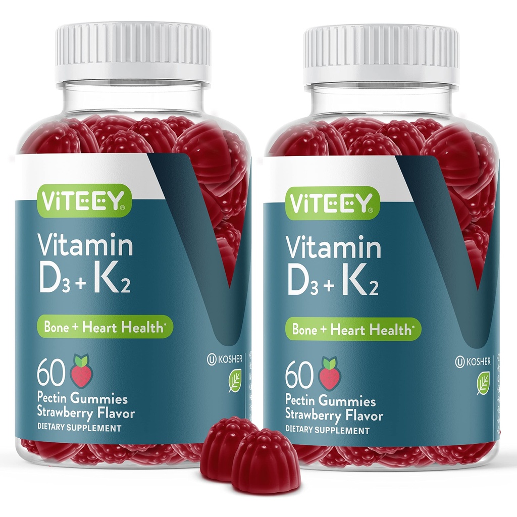 VITEEY Vitamina D3 K2 Gummies - 1000 UI vitamina D3 și K2 100mcg - Bone & Heart Health for Adulți și adolescenți - Vegetarian, Gelatină Gratuit, OMG-uri Gratuite - Vitamine Masticabile D3K2