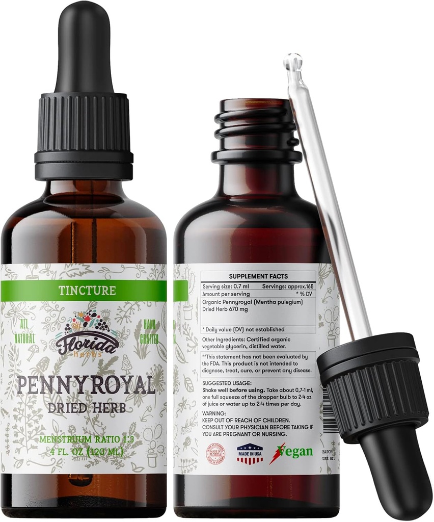 Pennyroyal Tincture, Organic Pennyroyal Extract (Mentha pulegium) Herb uscat, non-GMO în Glicerină organică de legume presate la rece 2 oz, 670 mg