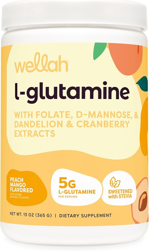 Wellah L-Glutamine Peach Mango (50 serviri) - 5g L-glutamină per servire, îndulcit cu Stevia