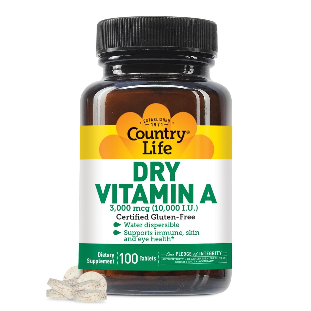 Viaţa de ţară Vitamina A 10000 UI - Immune Supplement, Skin & Eye Health Supplement, Certified Gluten-Free, Vegan, Halal, Kosher, 50% Beta-Caroten & 50% Retinil Palmitat, Easy Absorbtion - 100 comprimate
