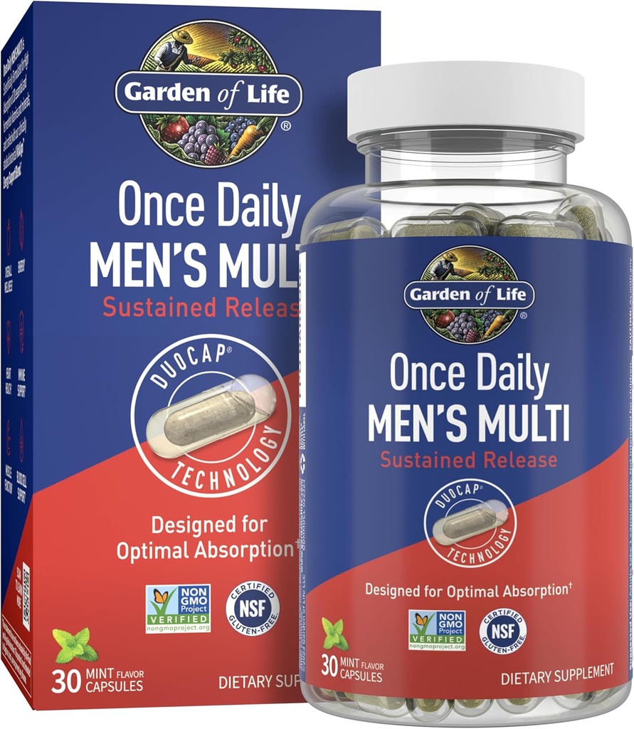 Gradina de viata O data pe zi Multivitamine pentru barbati cu vitamina D3 pentru functie musculara optima si suport sistem imunitar, Blend de suport energetic cu K2, Gluten gratuit, non-GMO, menta Essenced, 30 zile de aprovizionare