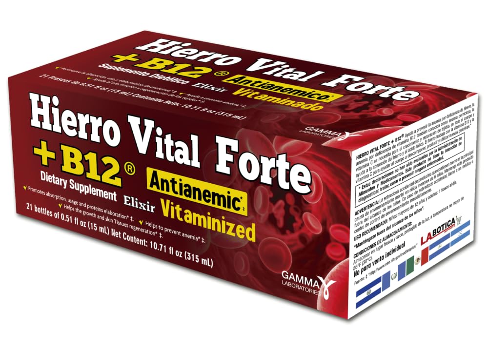 + B12 Supliment alimentar - Anti-Anemic, Vitaminizat, promovează absorbţia, utilizarea şi elaborarea proteinelor, 21 sticle (0,51 fl oz Fiecare)