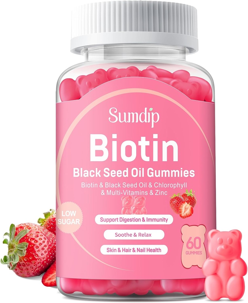 Gume de ulei de semințe negru cu Biotin, suport imunitar păr sănătos & Skin & Nails pentru femei și bărbați, Clorofila, Zinc, Vitamina A, B6, B12, C, D, E, Supliment Vegan - 60 Gummie