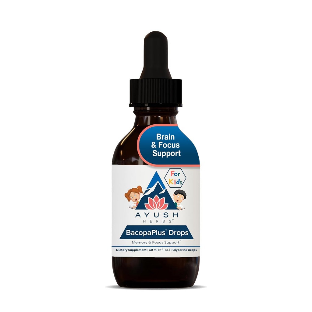 Ayush Herbs BacopaPlus picături pentru copii - Copii Focus şi atenţie Supliment cu Bacopa, Ashwagandha, Ginkgo, Suport pentru creier & memorie, Ingrediente organice - 2 Fl Oz (80 Serviri)