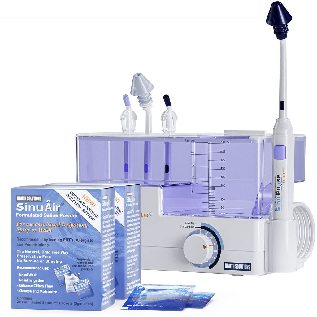 Sinu Pulse Elite Sistem avansat de irigare nazala - Pulsarea Sinus Congestion Relief & Sinus Clătire Masina, mai eficient decât Neti Pot, Nase Spray sau Nasal Spray sticla, cu 90 SinuAir Pachete