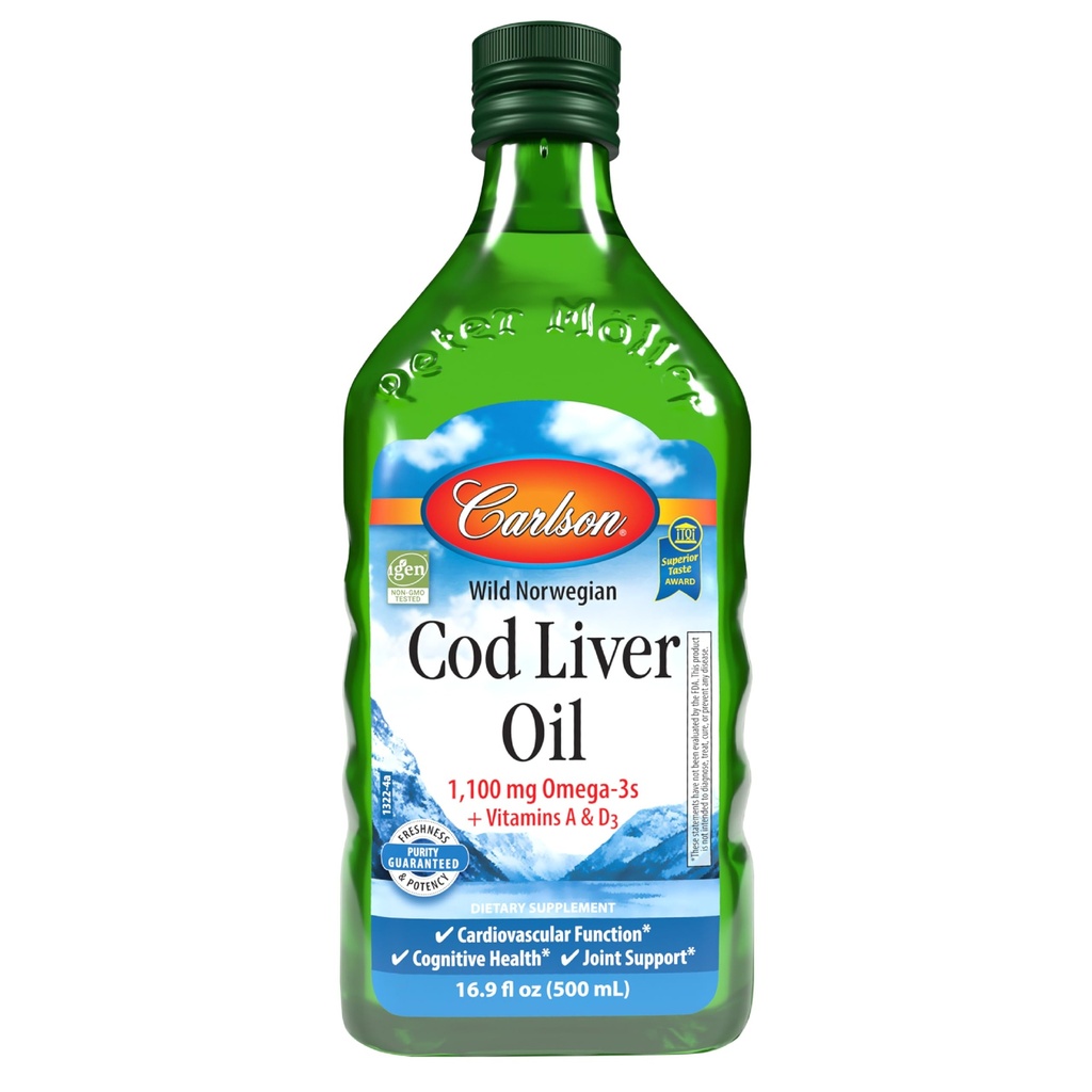 Carlson - Cod Ulei de ficat, 1100 mg Omega-3s, ulei norvegian de cod-liver, ulei nordic de pește, nearomatizat, 500 ml (16,9 Fl Oz)