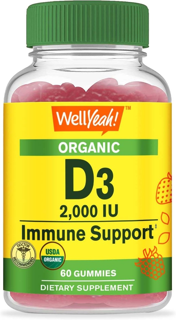 Ei bine, vitamina organică D3 2000 UI (50 mcg) Gume - susține oase, forță musculară și imunitate - non-GMO, gluten gratuit - USDA organice - arome naturale - 60 gume