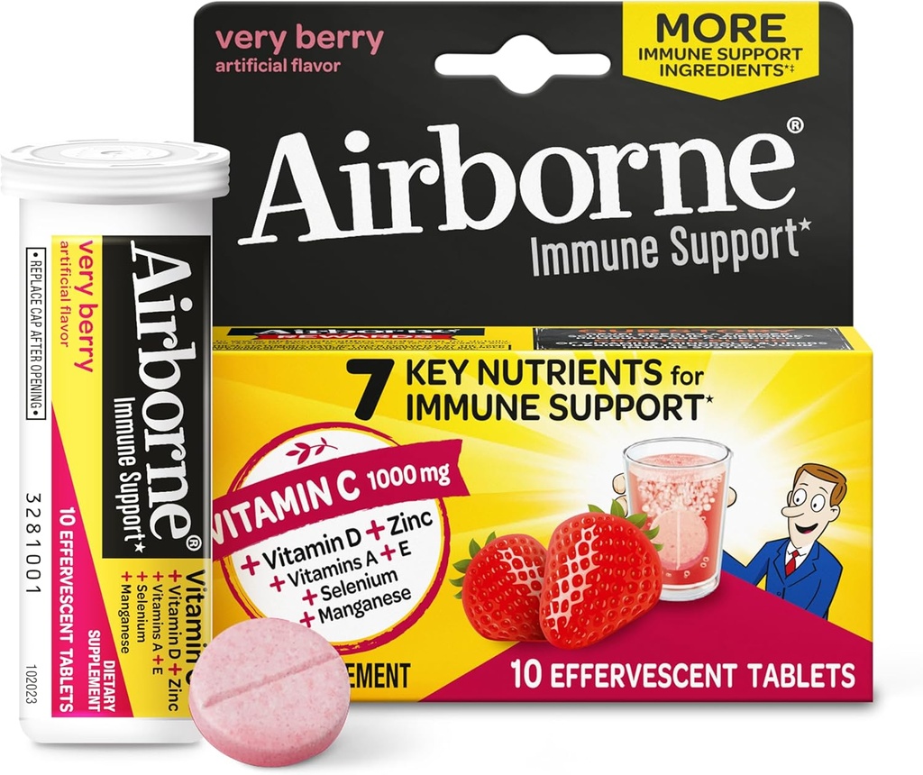Vitamina C 1000mg (per Serving) - Comprimate cu conținut foarte Berry Effervescent (10 numere într-o cutie), Supliment de suport imunitar fără gluten, cu vitamine A E, ZINC, Seleniu, Echinacea și Ginger