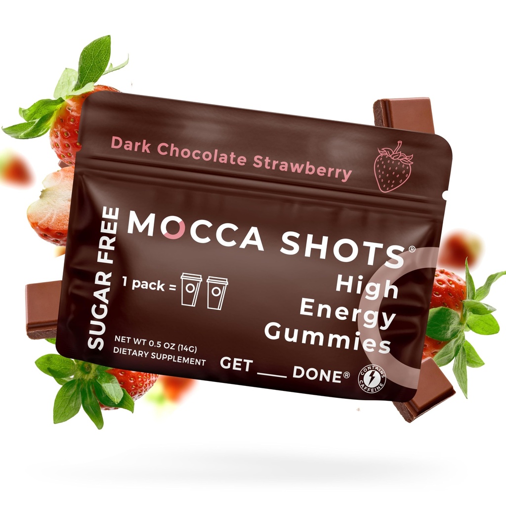 SGC cea mai mare concentrație 100mg Cafeină per Gummy, 2 Gummies per Pack, 6-Pack Mocca Shots Sugar-Free Strawberry Plant-Based nootrop Instant Energy cu Ginkgo biloba, Theobromine.