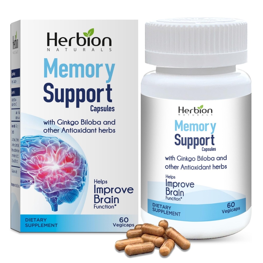 Herbion Naturals capsule de suport de memorie, ajută la îmbunătăţirea funcţiei creierului şi a lipsei de minte, menţine nivele de dispoziţie sănătoase cu Ginkgo Biloba, pentru adulţi, 60 Conte, pachet de 1