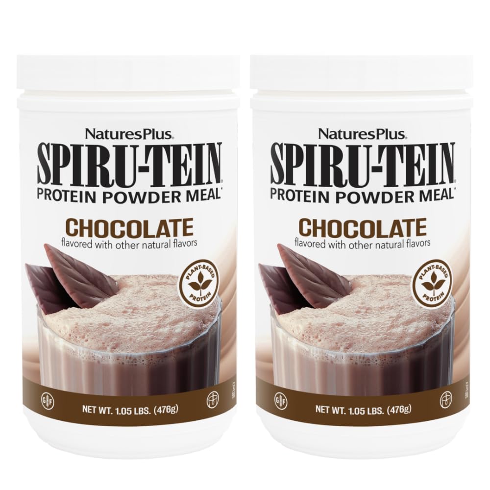 NaturesPlus SPIRU-TEIN, Ciocolată - 1.05 lbs, Pachet de 2 - Se agită proteine pe bază de plante - non-GMO, vegetarian, gluten gratuit - 34 Serviri totale