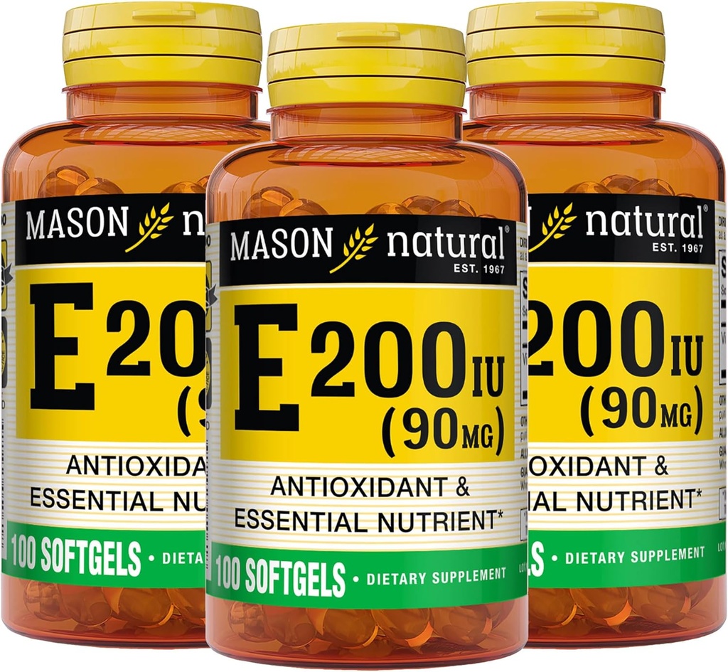 MASON NATURAL Vitamina E 90 mg (200 UI) - Antioxidant şi esenţial Nutrient, Sistem imunitar sănătos, Piele şi ochi, Suplimentul întregului corp, 100 Softgels (Pachet de 3)