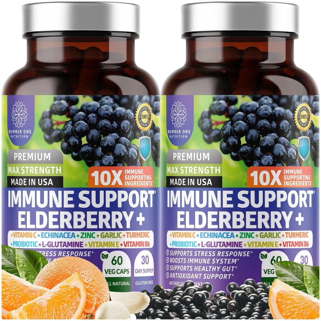 2 Pachet N1N Premium 10 in 1 Supliment de suport imun [10 Ingrediente potente] cu Elderberry, Vitamina C, Zinc, echinacea, Curcumin Turmeric, Usturoi si Probiotice pentru adulti, 120 Veg Caps