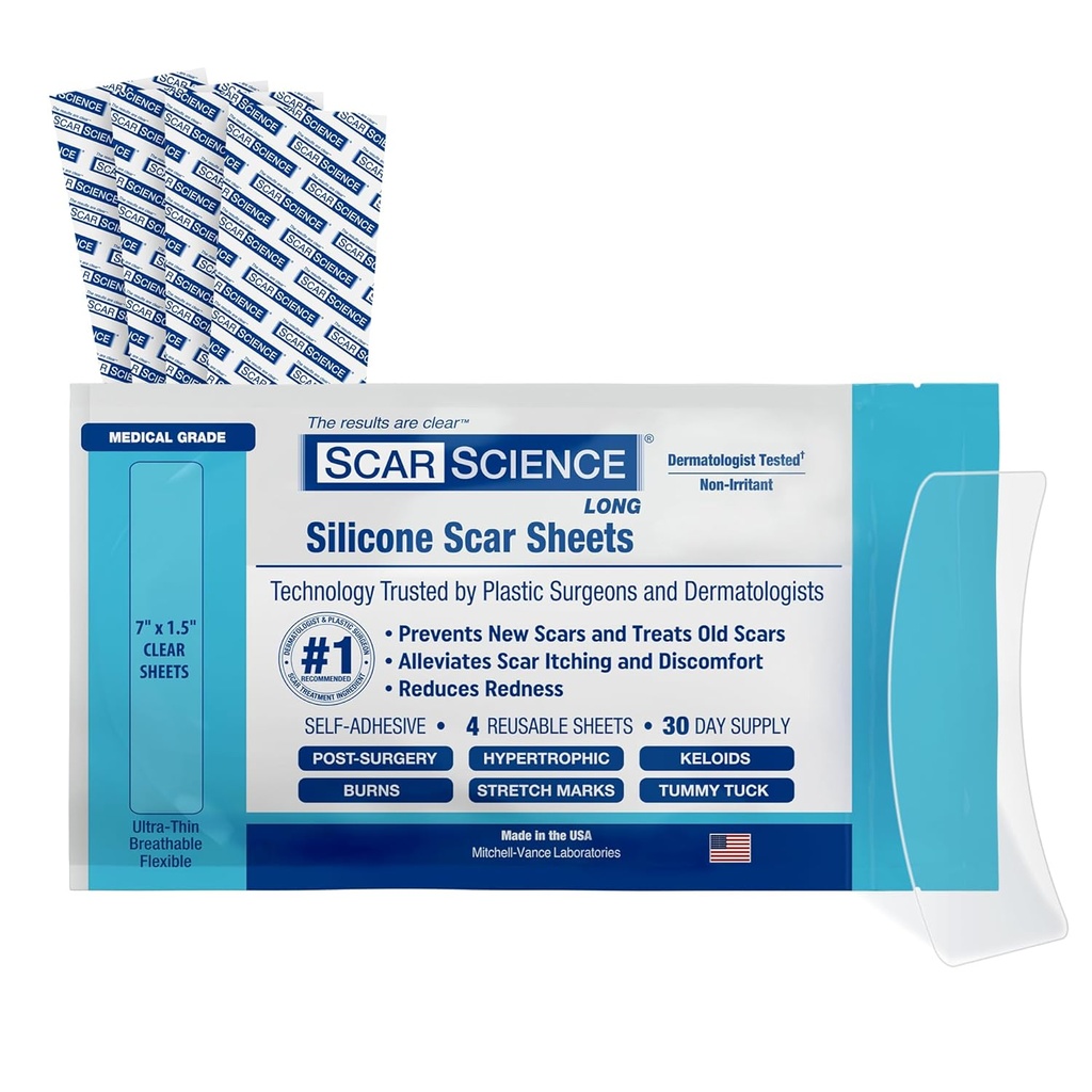 Fișe de cicatrice de grad medical Silicon - 7" Reutilizabile Bandă de silicon pentru cicatrici - bandă respirabilă clară pentru secțiunea C, Tummy Tuck, cicatrici chirurgicale, și Keloids - 4-Pack