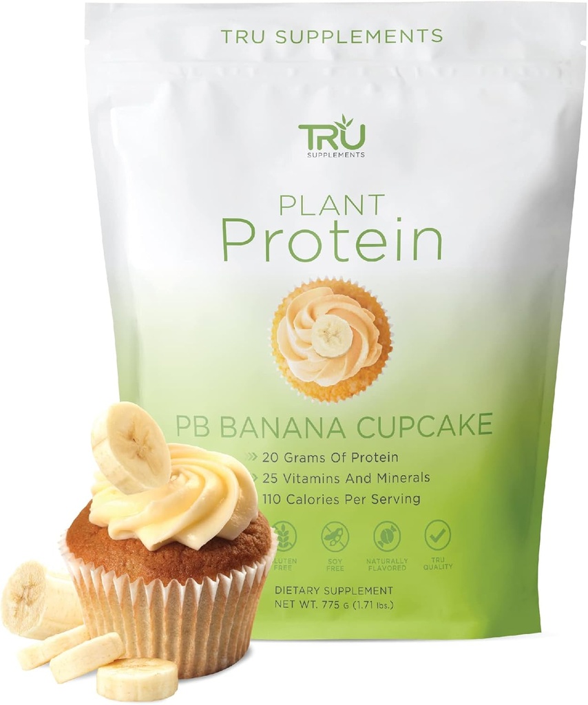 Praf de proteine pe bază de plante TRU, BCAA, EAA, 20g Vegan Brown orez și proteine de mazăre, 100 Calorii, 27 vitamine, fără arome artificiale 25 Serviri (Peanut unt Banana Cupcake)