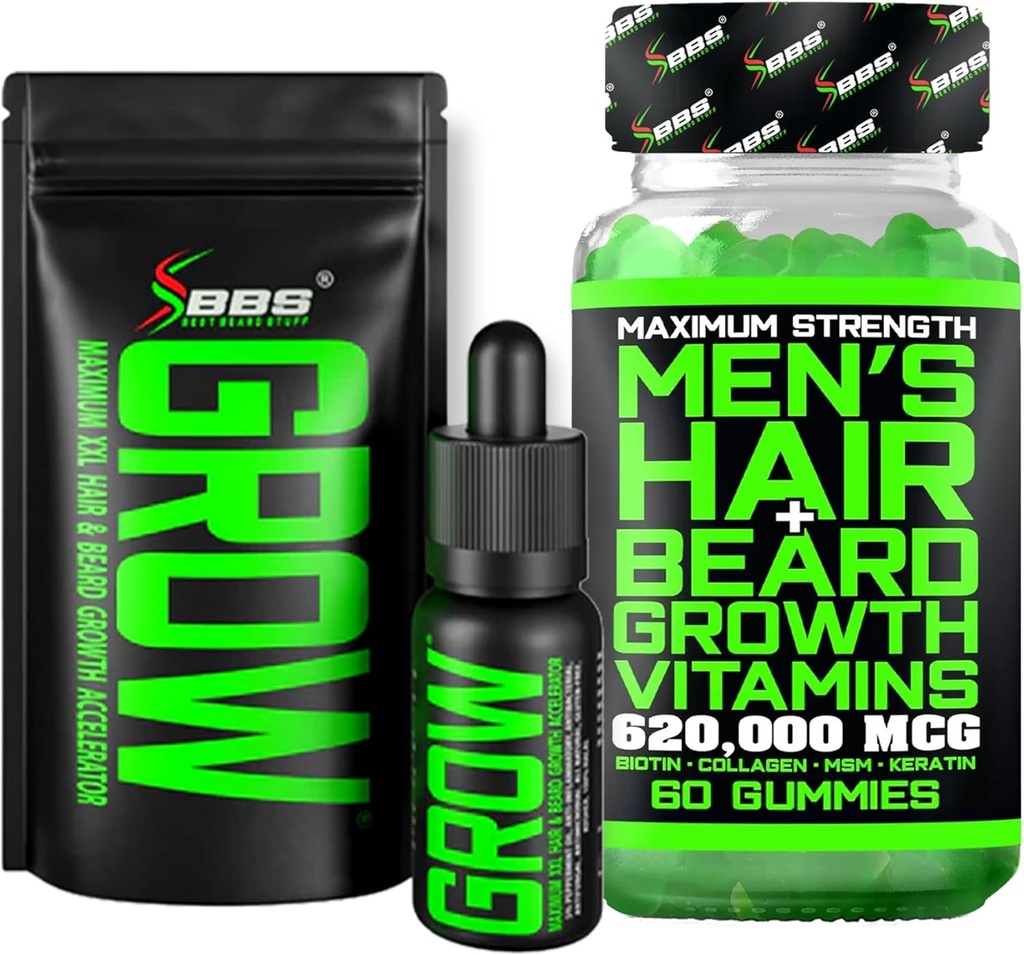 Kit de crestere barbă w/Grow XXL Barbă ulei / Serum pentru cresterea parului facial pentru barbati + Putere maxima 620.000mcg 14-in-1 BIOTIN facial de crestere a parului vitamine pentru barbati - Formulat in America