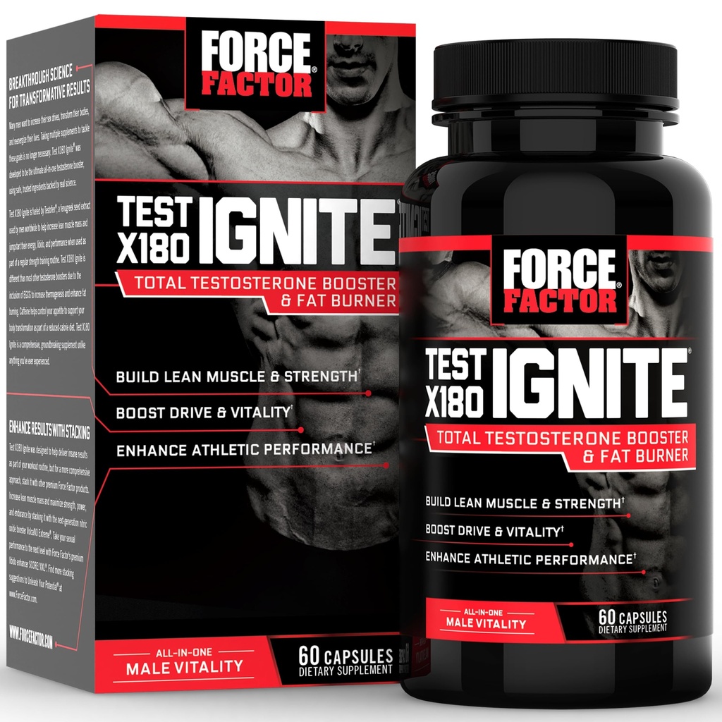 Force FACTOR Test X180 Ignite Total Testosteron Booster pentru bărbați cu semințe de schinduf și extract de ceai verde pentru a construi musculare Lean, Boost Energy, și îmbunătățirea performanței, 60 Conte