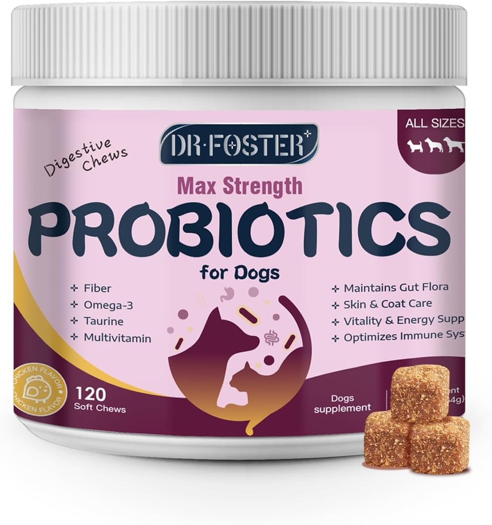 Probiotice pentru câini - Probiotice câine pentru sanatate digestiva, Prebiotice, Enzime digestive pentru câini cu dovleac, Omega-3, Suport Gut, Imun, Diaree, 120 Chews moale