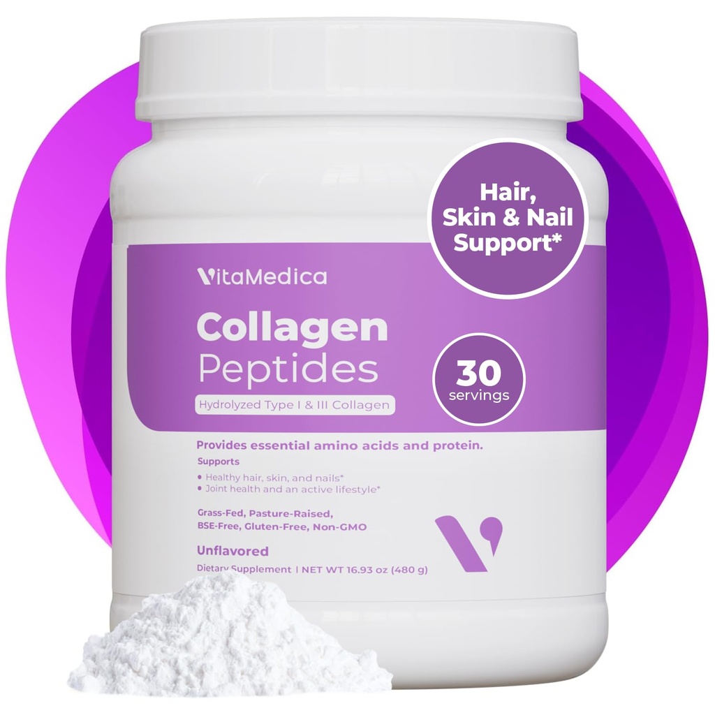VitaMedica Colagen Peptides Powder pentru femei si barbati - par sanatos, piele, unghii, oase si articulatii - Tipuri hidrolizate I & III, Grass-Fed, Proteina pastrama, Zahar Zero - 30 Serviri