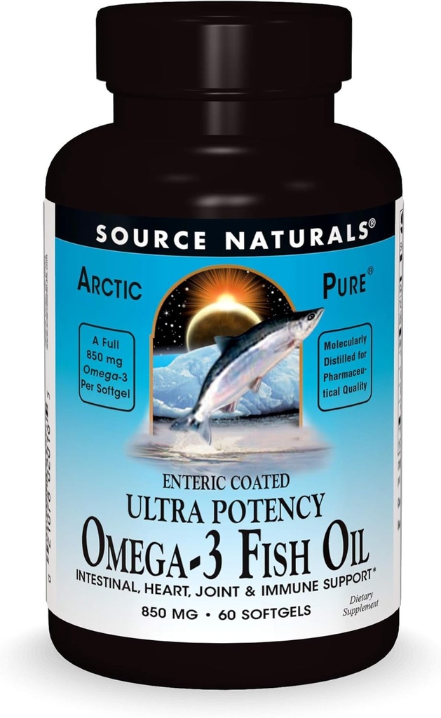Sursa Naturals ArcticPure Omega-3 Ulei de pește 850mg Ultra Potență EPA + DHA pentru inimă, articulație, creier și sănătate imună -Enteric acoperite pentru stomacuri sensibile - 60 Softgels
