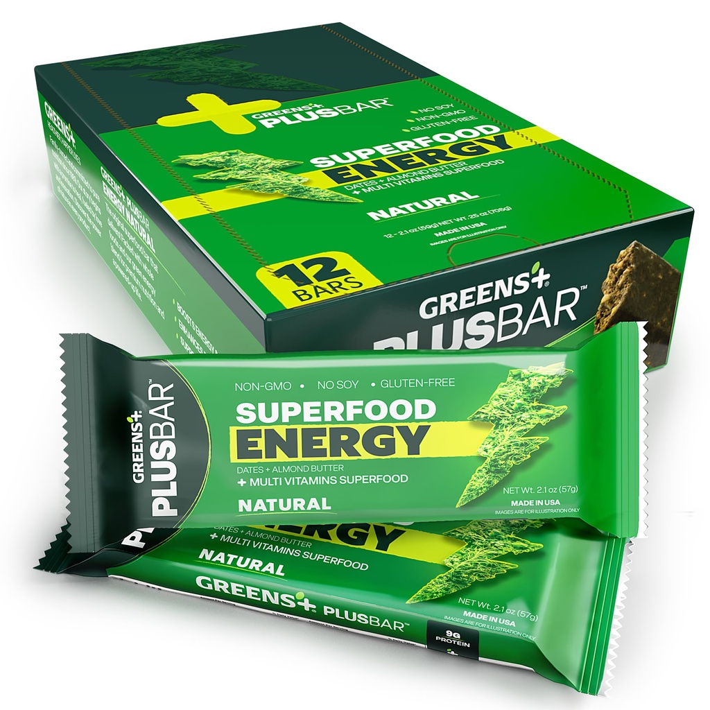 Greens+ Plusbar Energy, Natural, Gluten-Free Snack cu Super Greens, Superfoods & Almond Butter, Vegan, Dairy-Free, non-GMO, 10g Protein Meal Înlocuire, 12 Pack