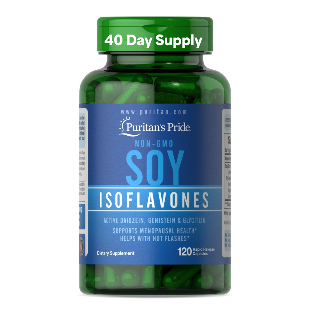 Puritan's Pride Non-GMO Soy Isoflavones 750mg, Dietary Supplement with Active Daidzein, Genistein, and Glycitein Supports Menopause and Hot Flashes, 120 Rapid Release Capsule