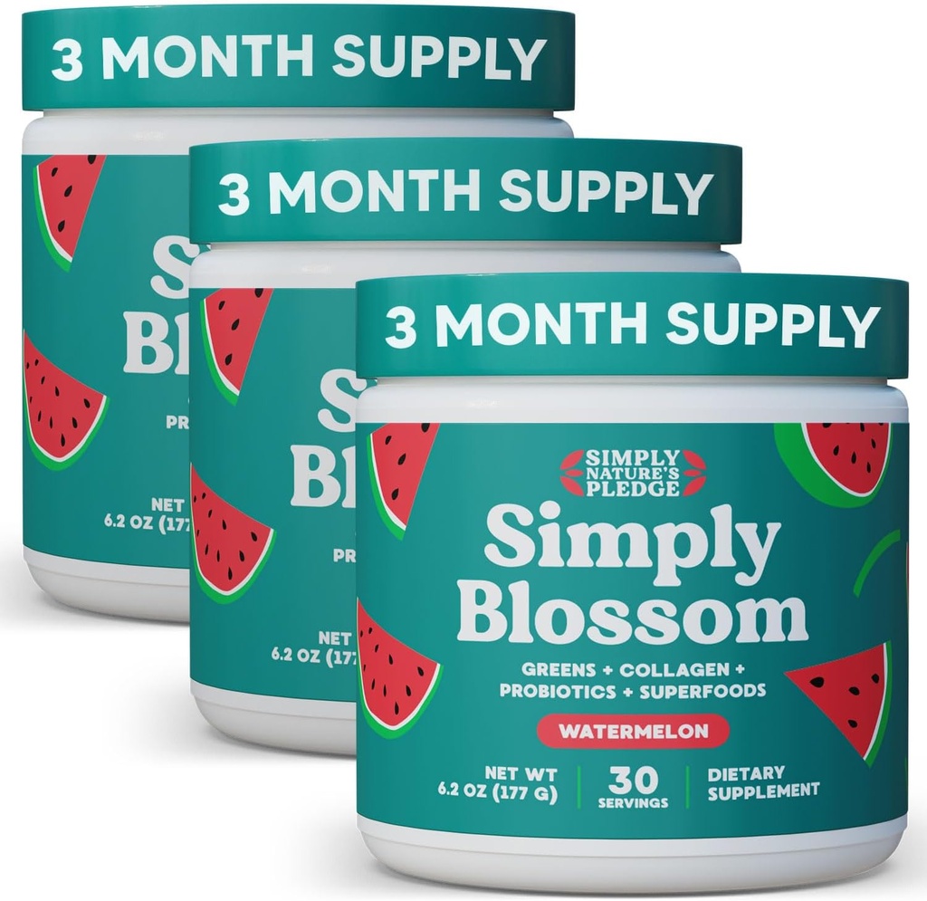Pur și simplu Blossom Nutrition Daily Greens & Superfood Powder + Colagen + Probiotice pentru femei Digestive Health & Blooting Relief. Ajutor Bloom dumneavoastră de sănătate - 3 luni de aprovizionare - pepene verde