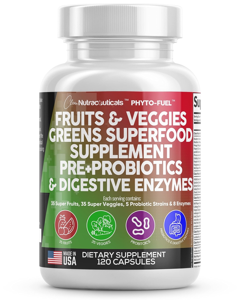 Nutraceuticals Clean Fructe si legume Supliment Reds & Green Superfood - Balanta de peste 70 de fructe si legume Suplimente Capsule cu Probiotice Prebiotice Enzime digestive - 120 Ct SUA