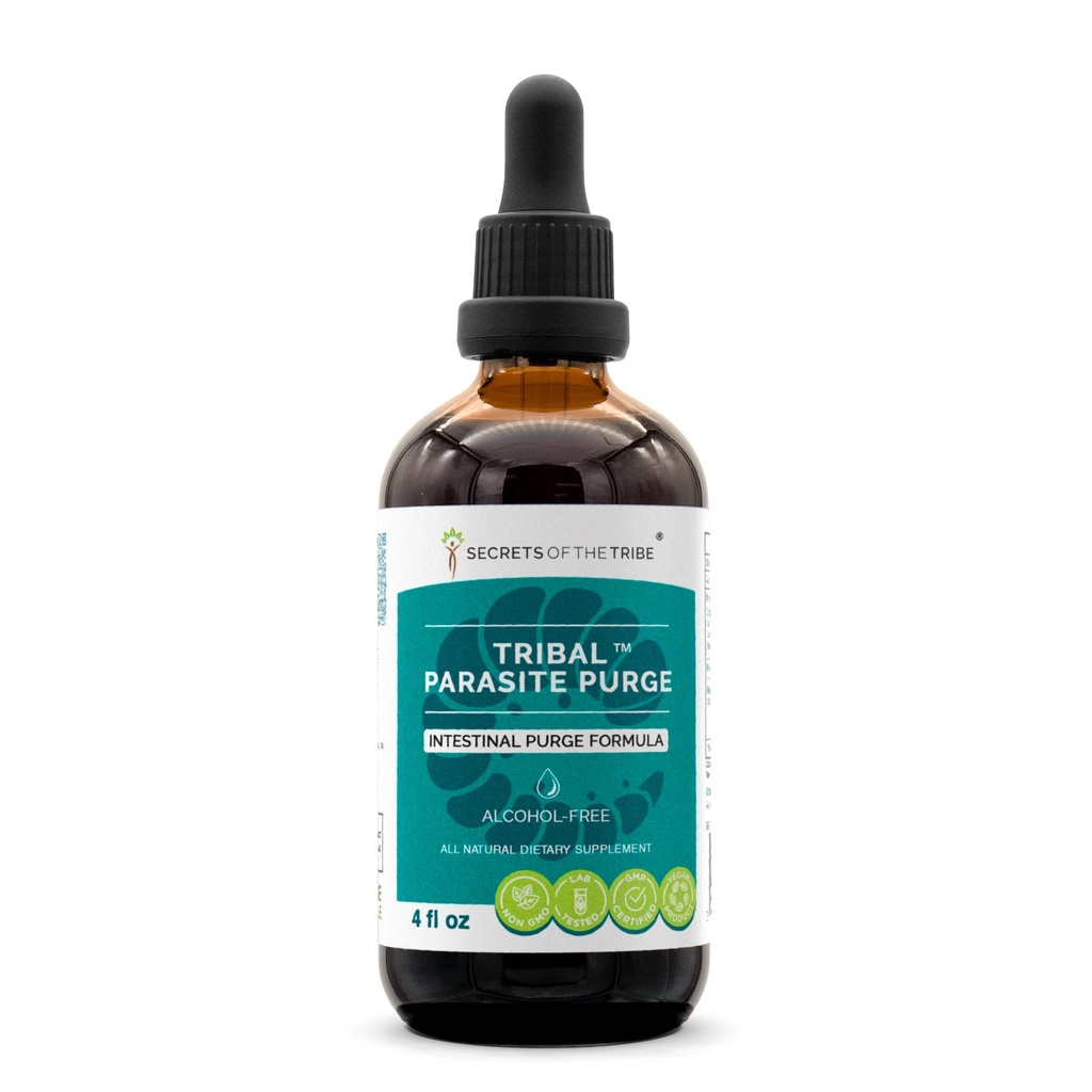 Secretele tribului Parasite Tribal Extract fără alcool, picături de plante de înaltă calitate, tinctură făcută din afine, usturoi, nuc negru, OSHA, lemn de vierme, dovleac. Purjare intestinală Formula 4 oz