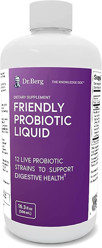 Dr. Berg's Friendly Probiotic Liquid Supplement Drink Mix w/ 12 Live Probiotics Strains & Lactobacillus Acidophilus - Digestive Health, Immune System & Gut Support for Men Women & Kids - 1 Month Support