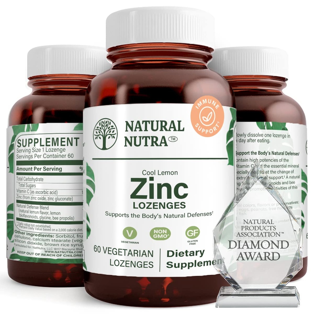 Natural Nutra Zinc Lozenges cu vitamina C, Aroma de lamaie, Suport Imun, Sistem Nervos & Bone Putere, Fortificat cu Bioflavonoizi și albine Propolis, Gluconat de zinc sublingual, 60 Vegetarian
