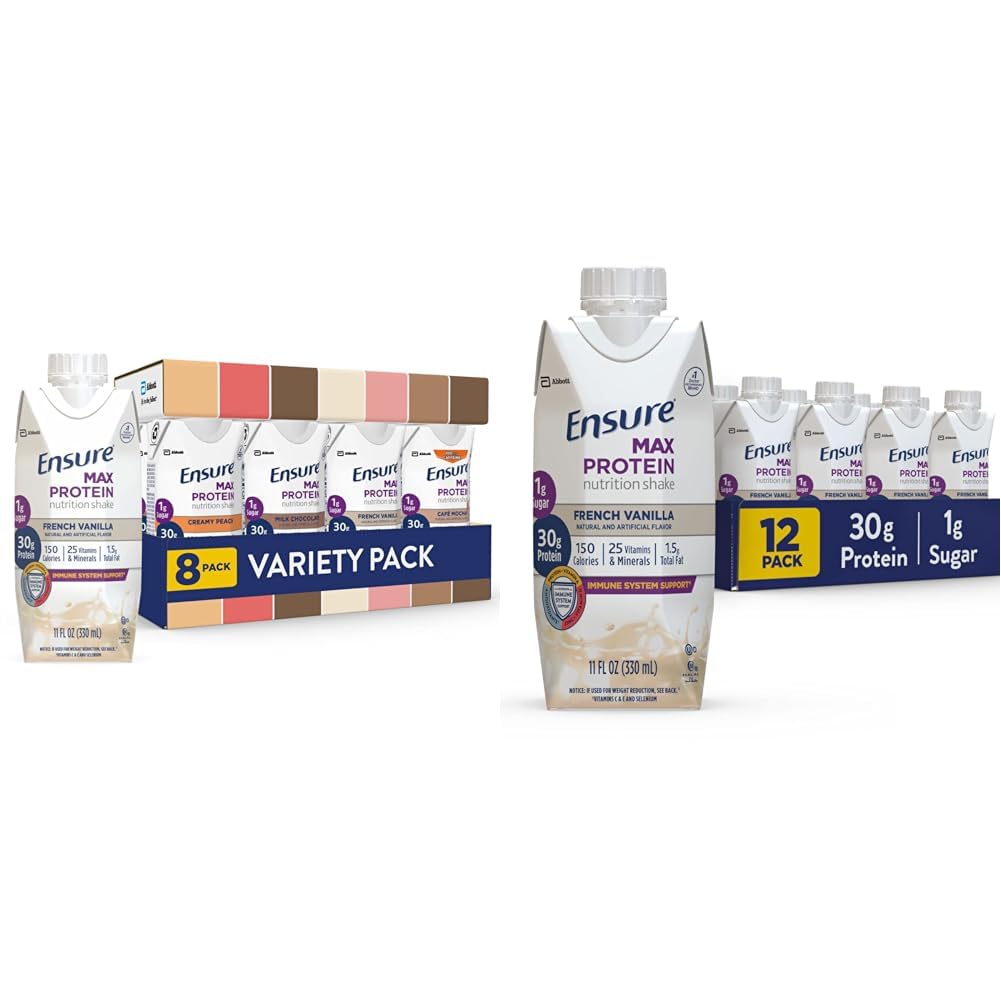 Asigurați-vă că Shakes Max Proteine Nutriție, Pack Variety, Cu 30g de proteine & Max Nutriție Shake cu 30g de proteine, 1g de zahăr, Shake de proteine ridicate, Vanilie franceză, lichid, 11 fl oz (Pachet de 12)
