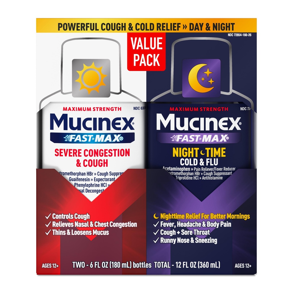 Mucinex Fast-Max & NightShift Combo Pack - Max Putere Tuse & medicamente reci pentru Mucus Relief, Congestia toracică, Congestia nazală, Congestia sinusală, Presiunea sinusală, Simptom de tuse Relief (2x 6 FL OZ)