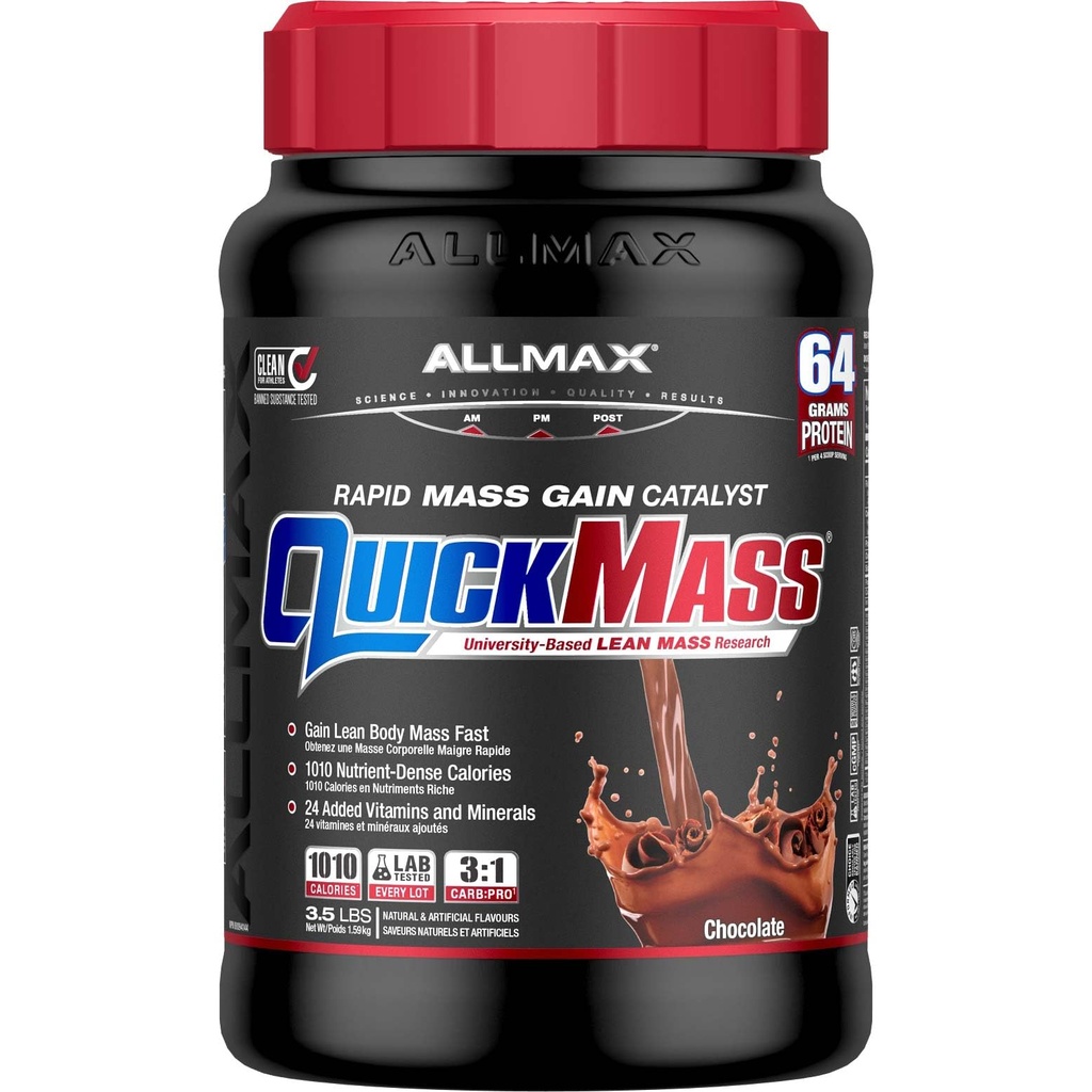 ALLMAX QUICKMASS, Ciocolată - 3,5 lb - Catalizator de masă rapidă - până la 64 Grams de proteine per servire - 3:1 Carb la raportul de proteine - Zero Trans Fat - până la 24 Serviri