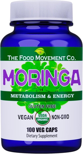 "The Food Movement CO." Moringa - Certified Organic Superfood, Tot corpul Wellness, Natural Energy Support, Sprijină Metabolism sănătos - 100 Vegan Capsule
