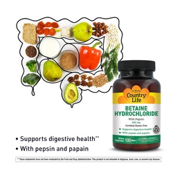 Country Life Betaine clorhidrat cu Pepsin, 600 mg, 100 comprimate, Certified Gluten Free