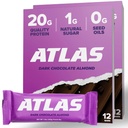 Atlas Proteine Bar, 20g Proteine, 1g Zahăr, Ingrediente curate, Gluten gratuit, Ciocolată neagră Almond (12 Conte, Pachet de 2)
