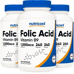 Nutricost Acid folic (Vitamina B9) 1000 mcg, 240 capsule (3 flacoane)