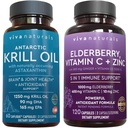 Viva Naturals Antarctic Krill Oil and Elderberry, Vitamina C, Zinc and Vitamina D3 5000 UI Bundle, 1250 mg de Krill Oil Providing Omega 3 EPA și DHA pentru sănătate comună, Elderberry for Immune Support