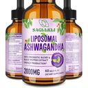 Liposomal Ashwagandha Picături lichide 2000mg, Ashwagandha Supliment extract de rădăcină (7% Witanolide) cu extract de piper negru & Probiotice pentru focus, Cognition & Energy - 2 FL.OZ (1 flacon)