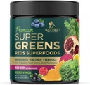 Greens Superfood Powder Drink Mix - Green Supplements Blend for Energy & Gut Health - Cu grau organic, Spirulina, Chlorella, Enzime Digestive Antioxidant & Fiber - Berry Flavor, 30 Servings