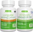 Longvida Curcumin 500mg + VESISorb Ubichinol-QH Advanced CoQ10 100mg Bundle, Ultra Biodisponibil Curcumin cu Biodisponibile și cu acţiune rapidă Ubichinol, de Igennus