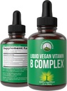 B Complex lichid drops Vegan Supliment. Cele mai bune 5 B vitamine cu B3 Niacin, B6, B7 Biotina, B9 Folat, metilcobalamină B12. B-complex pentru păr, unghii de piele, energie. Pentru adulţi, bărbaţi, femei