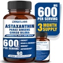 Astaxantină 15mg + Panax Ginseng, Ginkgo Biloba Suplimente, 90 Capsule Vegane, Promovează energie de sănătate oculară, suport cardiovascular + Apărare imună și focus