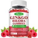 Ginkgo Biloba Gummies cu Panax Ginseng și Magneziu, Ginkgo Biloba Suplimente pentru Focus, Memorie, și Brain Health pentru adulți și copii, Vegan Aroma de zmeură Gummies, 60 Conte