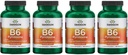 Swanson B6 Pyridoxine - Suplimentul de vitamine care promovează sănătatea cardiovasculară și metabolismul energetic - Formula naturală de promovare a bunăstării globale - (250 capsule, 100 mg fiecare) (4 ambalaj)