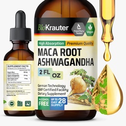 BIO KRAUTER Maca Root and Ashwagandha Tincture - Maca & Ashwagandha Supplements for Men & Women - Liquid Supplement for Mood Supplement for Mood Support - Alcohol and Sugar Free - Vegan Drops 2 Fl.Oz.